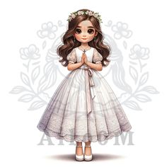 Fitted Floral Applique Dress For First Communion, Elegant First Communion Princess Dress With Floral Applique, First Communion Dresses With Floral Applique Tulle, Precious Moments First Communion, Joan Calabrese Communion Dresses, Angel Clipart, Adorable Illustration, Pink Charm, Spiritual Connection