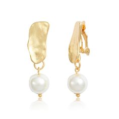 Cobblestone frames with textured finish and clip on backs feature two creamy white faux pearls dangles. PRODUCT DETAILSMaterials: Pewter metal plated with 24 kt gold. Faux pearlsMeasurements: 1.5" longEarrings closure: Clip onLight weight: 0.15 oz White Gold Clip-on Pearl Earrings, Gold Pearl Clip-on Earrings, Gold Clip-on Pearl Earrings Fine Jewelry, Elegant Gold Plated Pearl Drop Clip-on Earrings, White Clip-on Pearl Earrings Fine Jewelry, Pewter Metal, 24kt Gold, Charm Rings, Statement Bracelet