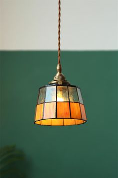 a lamp hanging from a ceiling with a green wall in the background and a plant behind it