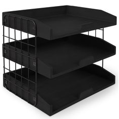 three tiered trays stacked on top of each other with black plastic bins