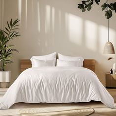 a bed with white linens and pillows in a bedroom next to potted plants