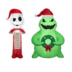 two inflatable christmas decorations, one with a skeleton and the other wearing a santa hat