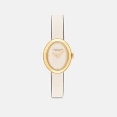 Designed with a modern minimalist sensibility the Sammy is a refined timepiece perfect for everyday. Finished with a leather strap this gold tone watch features a lacquer dial detailed with polished gold tone markers. | Coach Sammy Watch, 22 Mm - Women's - Chalk Chic Formal Watch With Rectangular Dial, Chic Formal Watches With Rectangular Dial, Chic Gold Everyday Watch, Chic Everyday Gold Watches, Chic Gold Watch With Rectangular Dial, Minimalist Gold Watch With Leather Strap, Timeless Gold Watch For Everyday, Classic Watches With Gold-tone Hardware And Rectangular Dial, Modern Formal Watches With Gold-tone Hardware