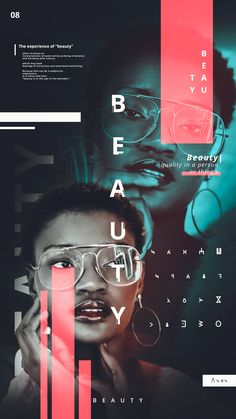 a poster with the words beauty and an image of a woman's face in glasses