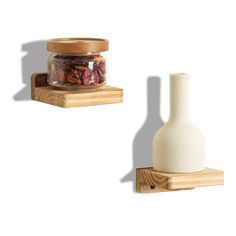 two wooden shelves with jars on them, one holding spices and the other holding nuts