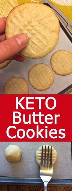 a person is holding a cookie in front of some cookies on a pan with a fork