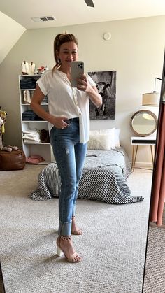 High-waist, medium light wash, straight leg Raw hem. Cuff or cut to your desired length Pair with sneakers or heels. These can go from day to night! True to size. Day To Night, To Night, Straight Jeans, Apparel Accessories, High Waist, Straight Leg, Cuff, High Waisted, Heels