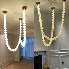 two pictures of the same light fixture in an empty room, one is white and the other is gold