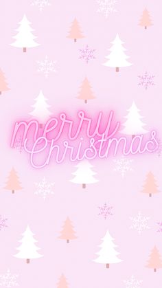 merry christmas wallpaper with trees and snowflakes in pink, yellow and white