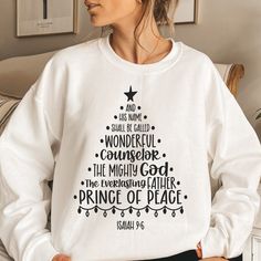 "Religious Christmas Sweatshirt, Faith Sweater, Christmas Gifts, Christian Gift, Jesus Quotes Hoodie Thank you so much for taking the time to browse my shop. Please feel free to reach out if you have any questions before or after purchasing.  💖 🎨Warning: On products with a print chart in the listing, metallic print colors are printed as matte.✌✨ We design and cut each graphic out with a soft touch, use matte vinyl and a heat press. The result will last for many washes. PRODUCT DESCRIPTION: Our Cricut Christmas Shirts Women, Christian Christmas Shirts Vinyl, Jesus Christmas Shirts, Christian Christmas Shirt Ideas, Christmas Clothes Design, Christian Tshirts Designs Woman, Christian Christmas Shirts, Christmas Church Outfit, Vinyl Shirt Ideas