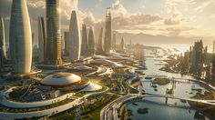 an artist's rendering of a futuristic city by the water