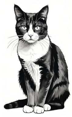 a black and white cat is sitting down