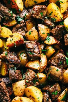 close up view of cooked potatoes and meat