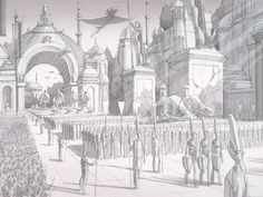 this is an image of a drawing of people in front of a building with many spires