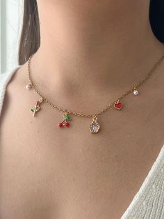 Charm Necklace, Cherry Charm Necklace, Dainty Necklace Gift, Everyday Layering Necklace Gift, Multi Charm Necklace - Etsy Cherry Charm, Etsy Promotion, Charm Necklaces, Layering Necklace, Necklace Dainty, Dainty Necklace, Necklace Gift, Layered Necklaces, Gift Necklace