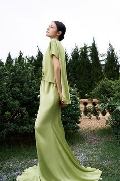 Evening Pre-draped Asymmetrical Maxi Dress, Green Silk Maxi Dress For Evening, Spring Silk Maxi Asymmetrical Dress, Spring Pre-draped Fitted Silk Dress, Pre-draped Asymmetrical Hem Evening Maxi Dress, Pre-draped Evening Dress With Asymmetrical Hem, Bias Cut Draped Silk Dress, Elegant Asymmetrical Wedding Dress For Spring, Spring Pre-draped Bias Cut Maxi Dress