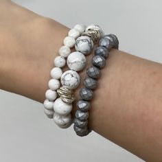 Love this beaded bracelet set to dress up or casual. So versatile. This trio hand beaded stack includes 3 bracelets: - 8mm Matte Gray Faceted rondele bracelet- 6mm Silver Halo bracelet - 10mm Silver Halo bracelet with silver rings. Bracelets are “one size fits most” and are designed to fit wrists up to 7.0”. Custom sizes available upon request. Please email designsby.kb@yahoo.com once your oder is placed. *Bracelets usually ship within 3-5 business days. Shambala Bracelet, Halo Bracelet, Diy Beaded Bracelets, Beads Bracelet Design, Bracelets Diy, Bracelet Design, Rings Bracelets, Beaded Bracelets Diy, Jewelry Stand