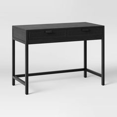 a black desk with two drawers on one side and an open drawer on the other