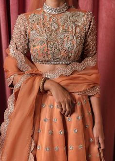 Buy Peach Lehenga Choli and Dupatta Dress for Bride adorned with sequins, naqshi, and cut-dana work. The Lehenga Choli is available Online. Custom sizes Different Lehenga Styles, Zardosi Embroidery Lehenga, Desi Embroidery, Choli Embroidery Designs, Peach Lengha, Peach Bridal Lehenga, Lehenga Embroidery Design, Hussain Rehar, Peach Lehenga