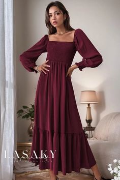 Lasaky - Chic and Elegant Mock Neck Dress with Long Sleeves, Ruffled Hem, and High Waisted Fit Ruffle Long Dress, Flowy Maxi Dress, Long Dress Casual, Ruffled Collar, Ruffle Hem Dress, Women Maxi, Tiered Maxi Dress, Ruffled Maxi Dress, Boho Vintage