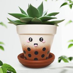 a potted plant with a face painted on it