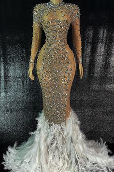 Kaelie Rhinestone Feather Dress - AMEKANA.COM After Wedding Party, Drag Dresses, Prom Dress Gold, Party Wedding Reception, Birthday Party Club, Feather Prom Dress, Peacock Wedding Theme, Dancer Wear, Prom Dresses Long Lace