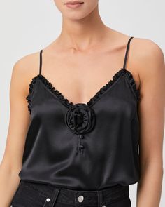 This elevated cami is made from 100% silk satin. The Reina features a flattering v-neck line with ruffle detailing, adjustable straps, and a removable rosette detail in the middle, perfect for the modern romantic. | Reina Cami Rosette - Black Silk Satin | Size XS Men Store, Denim Shoes, Black Silk, Silk Satin, The Modern, Adjustable Straps, Satin, V Neck, Silk