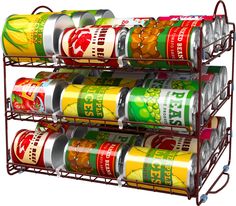 three tiered spice rack with six cans on each shelf and two racks holding canned food