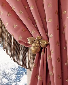 an image of curtains with gold bees on them and fringes hanging from the top