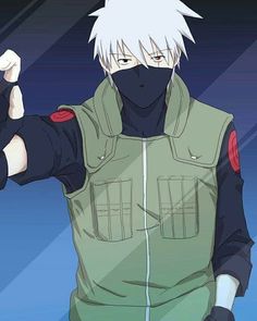 an anime character with white hair and blue eyes pointing at something in the air while wearing a green jacket