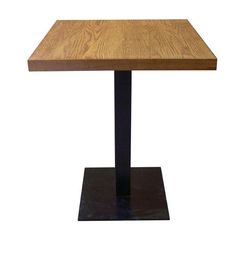 a square wooden table sitting on top of a black metal base with a wood top