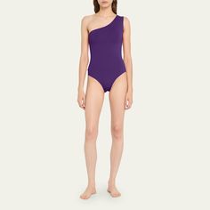 Eres "Effigie" solid one-piece swimsuit. One-shoulder neckline. High-cut legs. Moderate seat coverage. Nylon/spandex. Made in Italy. High Cut, Bergdorf Goodman, One Piece Swimsuit, Tops Designs, One Shoulder, In Italy, One Piece, Spandex, Italy