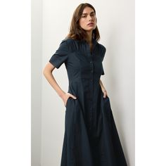 Blue (98% Cotton, 2% Elastane) Cocktail dress. Collared. Short sleeves. Front button closure. 48" from shoulder to hemline. Imported. Fitted Midi Dress With Placket And Short Sleeves, Fitted Cotton Dresses With Button Cuffs, Short Sleeve Workwear Dresses With Placket, Blue Cotton Midi Dress For Formal Occasions, Fitted Short Sleeve Midi Dress With Placket, Formal Cotton Dress With Buttons, Formal Blue Cotton Midi Dress, Fitted Midi Dress With Placket For Fall, Summer Workwear Shirt Dress With Pleated Sleeves