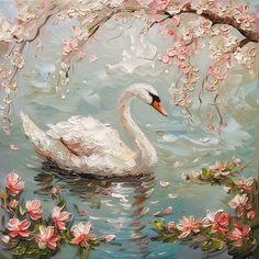 a painting of a white swan floating on top of a lake surrounded by pink flowers