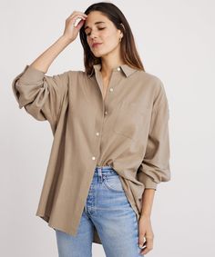 Relaxed Oversized Shirt Hazel With a dramatically oversized fit, this staple piece redefines style versatility. Tucked, untucked, or half-tucked depending on your mood—the Relaxed Oversized Shirt is as crisp and put together as it is effortlessly cool for any occasion. Style it with classic denim or the Relaxed Trouser for a new take on your easy everyday uniform. 100% raw silk. Made in China. Oversized button-up shirt with a generous fit to provide a relaxed look and feel. Half Untucked Shirt Style, Oversized Women Shirt, Beige Oversized Shirt Outfit, Tan Button Down Shirt Outfit, Beige Shirt Outfits Women, Beige Shirt Outfit, Oversize Shirt Outfit, Oversized Shirt Women, Button Down Styling