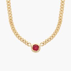 Crafted from gleaming 14k Italian yellow gold, this 18-inch-long curb link necklace exudes quiet luxury. A bezel ruby accent completes it with a flash of crimson allure. Classic Red 14k Gold Necklace, Classic Ruby Necklace In Yellow Gold, Gold Ruby Necklaces With Bezel Setting, Classic Yellow Gold Ruby Necklace, Formal Ruby Necklace With Bezel Setting, Quiet Luxury, Blue Nile, Precious Gemstones, Link Necklace