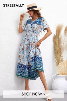 Trendy Resort V-Neck High Waist Short Sleeve Print Midi Dresses Patterned V-neck Midi Dress For Beach, Printed V-neck Midi Dress For Beach, Multicolor V-neck Midi Dress For The Beach, V-neck Midi Dress With Vibrant Print For Beach, Blue Boho Print V-neck Midi Dress, Spring Fashions, Striped Short Sleeve Shirt, European Women, Bohemian Print