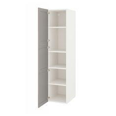 an open white cabinet with shelves on each side