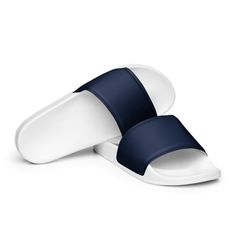 WOMENS NAVY SLIDES - Dark Blue Slides - Navy Pool Shoes - Navy And White Sole Slides - Beach Slippers - Nautical Slides - Blue Slides Summer White Sole Slip-ons With Round Toe, Summer Blue Slippers With Rubber Sole, Blue Summer Slippers With Rubber Sole, Blue Open Toe Slides With Rubber Sole, Summer Slip-ons With White Sole And Round Toe, White Slip-ons With Textured Footbed For Summer, Summer White Sole Slip-on Slides, White Cushioned Slip-ons For The Beach, Casual Open Toe Sandals With White Sole