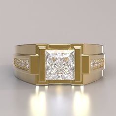 a gold ring with a princess cut diamond in the center and channeled diamonds on each side