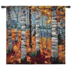 an abstract painting of trees with yellow leaves