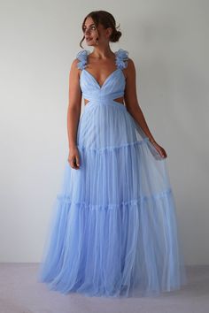 Galiena Ruffle Tulle Maxi Dress | Blue Beautiful Unique Dresses, Periwinkle Blue Bridesmaid Dresses, Baby Blue Formal Dress, Wedding Guest Dress Blue, Bridesmaid Dresses Tulle, Blue Wedding Guest Dress, Unique Prom Dress, Cornflower Blue Dress, Baby Blue Bridesmaid Dresses