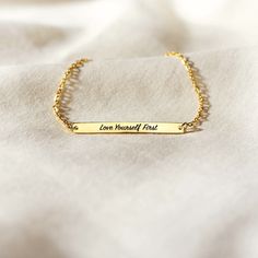 DESCRIPTIONEmbrace the power of self-love and individuality with this beautifully engraved Motivational tube bracelet featuring the heartwarming message: "Love yourself first" This bracelet serves as a constant reminder that self-love is the foundation of all love. It's a wearable affirmation, encouraging you to be kinder to yourself and prioritize your own well-being. Crafted to inspire, this bracelet is a beacon of motivation, encouraging its wearer to embrace their own worth and extend the lo Be Kinder To Yourself, Tube Bracelet, 40th Gifts, Bar Bracelet, Easter Sale, Love Yourself First, Bar Bracelets, Name Gifts, All Love