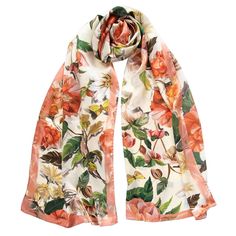 Peach Floral Silk Satin Long Scarf - Elizabetta Italian Silk Scarf, Satin Shawl, Long Silk Scarf, Trial And Error, Silk Shawl, Peach Orange, Satin Silk, Polyester Satin, Rolled Hem