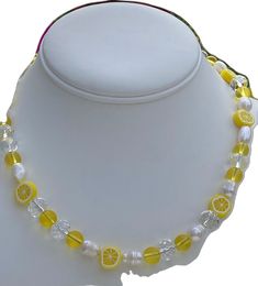 Handmade Yellow Pearl Necklaces, Yellow Pearl Beaded Necklaces As Gift, Yellow Pearl Necklaces With Round Beads, Yellow Pearl Jewelry Gift, Yellow Beaded Crystal Necklace For Gift, Yellow Single Strand Beaded Necklace As Gift, Food Necklace, Funky Necklace, Fruit Necklace