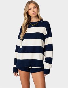 Elevate Your Sweater Game With This Trendy Striped Knit. With Its Cool Look And Oversized Fit, You'll Be Looking Cute & Cozy With Every Wear. Sweater. Oversized Fit. Striped Pattern. Knit Fabric. Matching Set. 100% Cotton. Model Wears Size S. Model Height Is 5'8. Item Care: Machine Wash At Maximum Of 30ºc, Do Not Bleach, Tumble Dry Low, Iron At A Maximum Of 110ºc, Do Not Dry Clean. | Edikted Riley Oversized Striped Sweater Jcrew Striped Sweater, Sweater Matching Set, Trendy Sweaters For Teens, Preppy Layered Outfits, Single Clothing Items, Coastal Grandma Clothes, Costal Grandaughter Clothes, Clothes To Get For Christmas, Cute Clothes Preppy