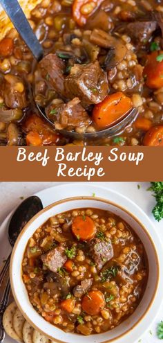 beef barley soup in a white bowl with carrots and crackers on the side