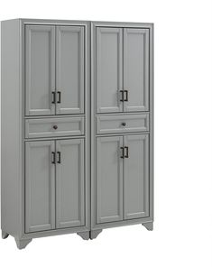 a gray cabinet with three doors and two drawers on the front, one door open