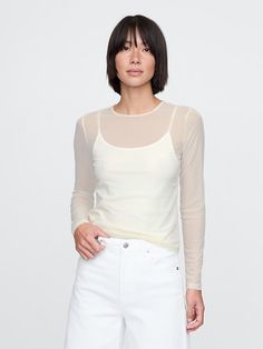 Saw this on Gap: Sheer Sleeves Top, Mesh Shirt, White Long Sleeve Top, Outfit Inspo Fall, Sheer Sleeves, Chinos Pants, White Long Sleeve, Capsule Wardrobe, Long Sleeve Top