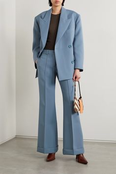 The dramatic peak lapels and double-breasted construction of Acne Studios 'Jokil' blazer are what make it look so sharp and polished. Made from twill for a relaxed fit, it has lightly padded shoulders for structure and a full lining to ensure smooth layering. Wear it with the coordinating pants in the same dusty-blue shade. Luxury Light Blue Notch Lapel Outerwear, Designer Tailored Double-breasted Blazer, Designer Double-breasted Suit For Office, Designer Double Breasted Suit For Office, Designer Double-breasted Workwear Blazer, Designer Double-breasted Blazer For Work, Designer Fitted Double Breasted Suit For Work, Designer Double Breasted Suit For Work, Blue Double-breasted Blazer With Welt Pockets